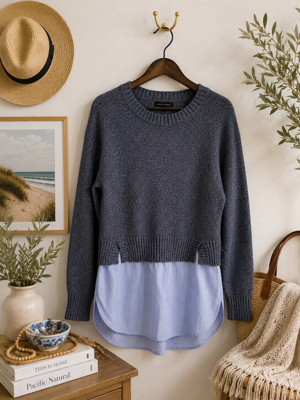 Banana Republic Layered Sweater Shirt | Gray Knit Pullover with Blue Hem | Med - Picture 1 of 11